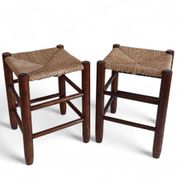 Charlotte Perriand Style, Pair of Rustic Wood and Straw Stools, France, c. 1950s