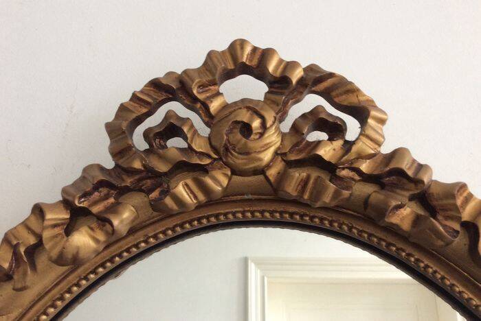 Large Baroque Mirror • Oval Arch • Carved Wood • Resin • 1950