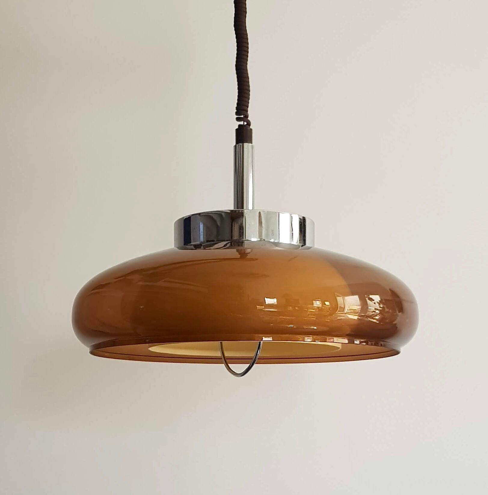 Vintage pendant lamp chrome and transparent brown plastic adjustable in height