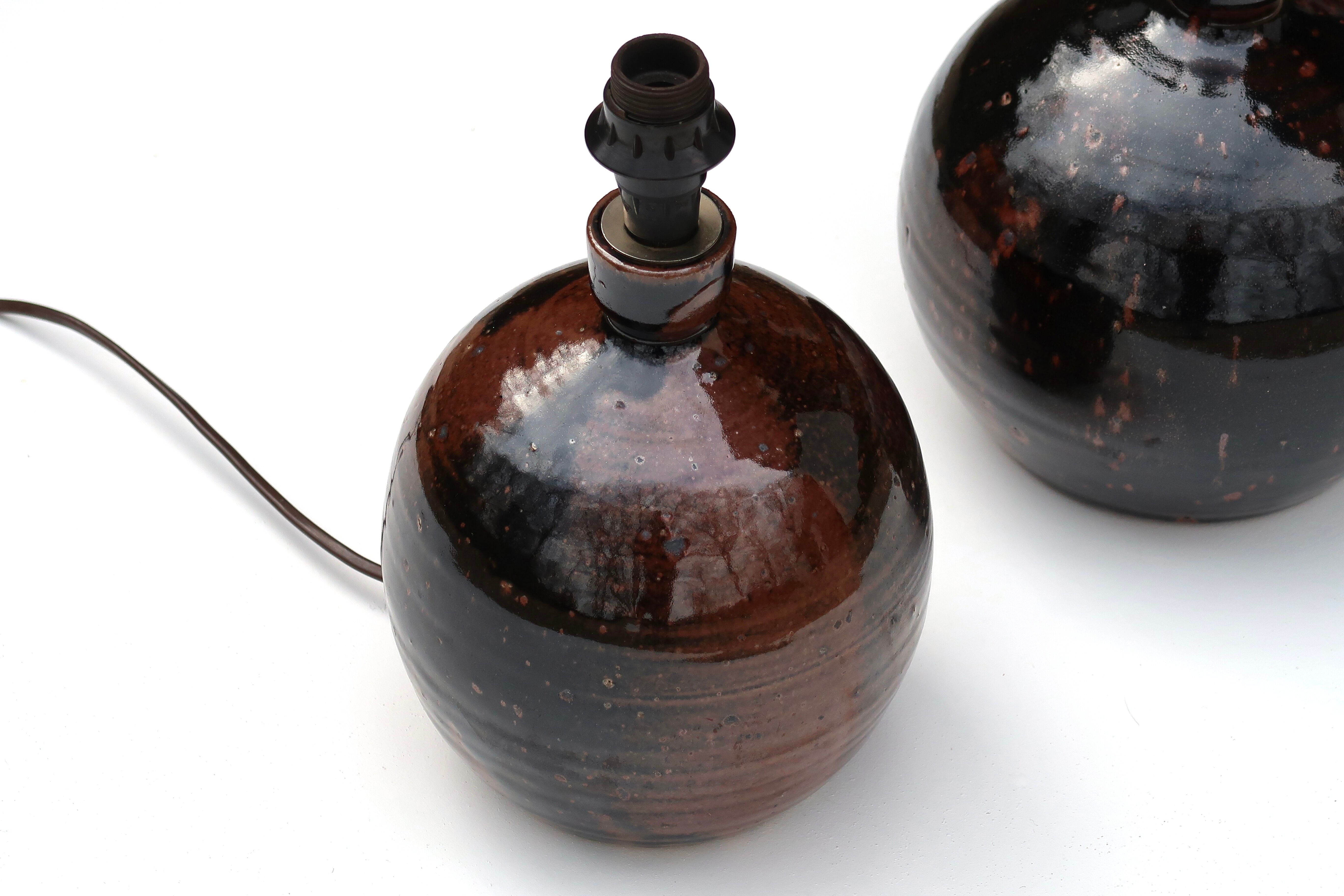 Brown stoneware "ball" lamp foot by Guy Baudat, 70s