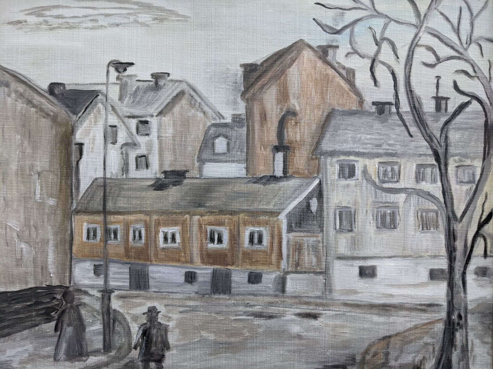 Mid-Century Modern "Stroll" Swedish Vintage Street Scene Oil Painting, Framed