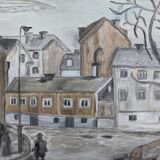 Mid-Century Modern "Stroll" Swedish Vintage Street Scene Oil Painting, Framed