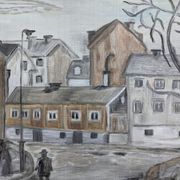Mid-Century Modern "Stroll" Swedish Vintage Street Scene Oil Painting, Framed
