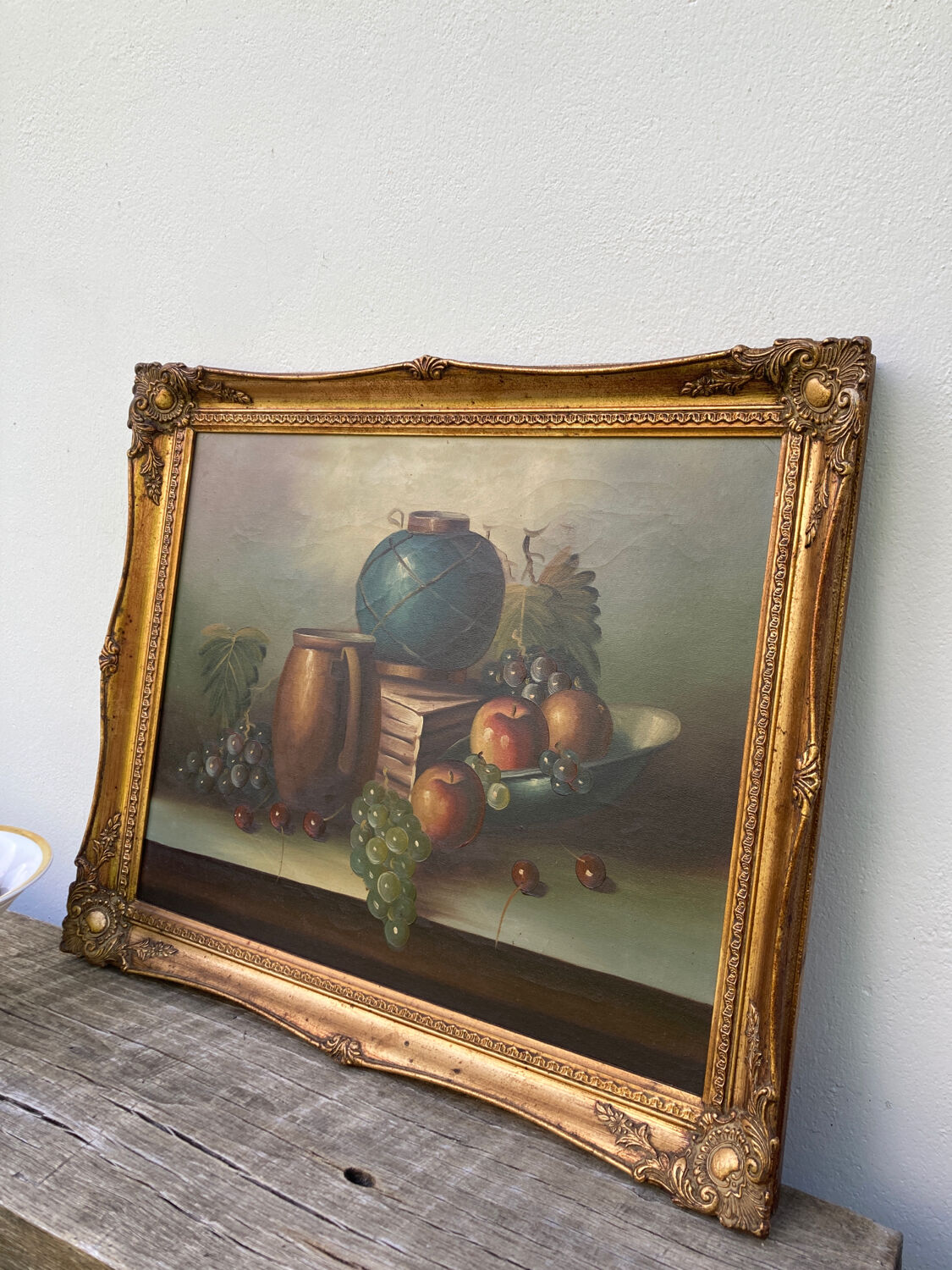 Painting on canvas still life old gilded wood frame / vintage fruit painting grape apple vase and jug