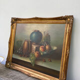Painting on canvas still life old gilded wood frame / vintage fruit painting grape apple vase and jug