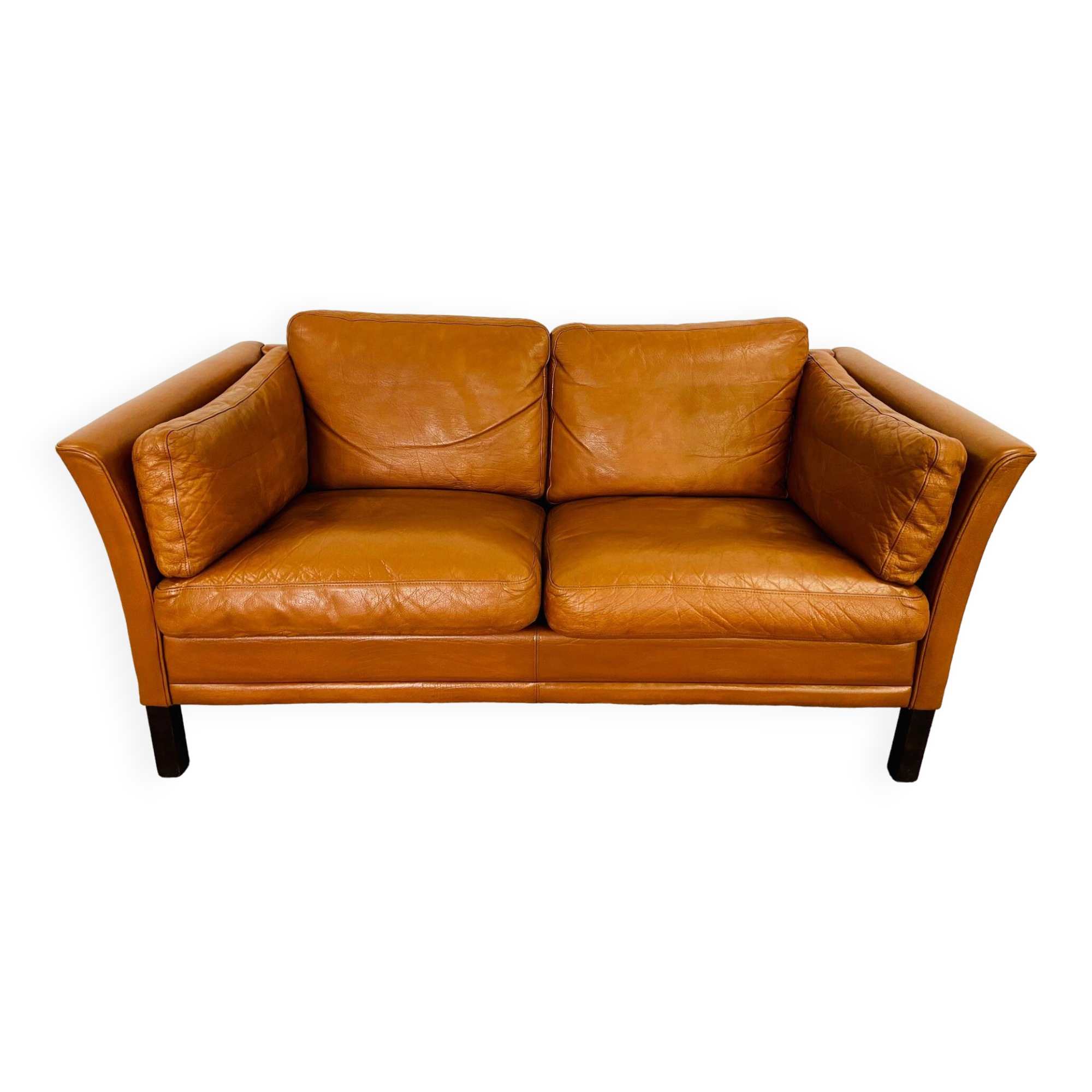 Vintage danish mid century mogens hansen 2 person tan cognac leather sofa