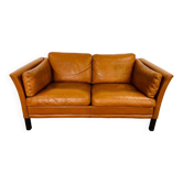 Vintage danish mid century mogens hansen 2 person tan cognac leather sofa