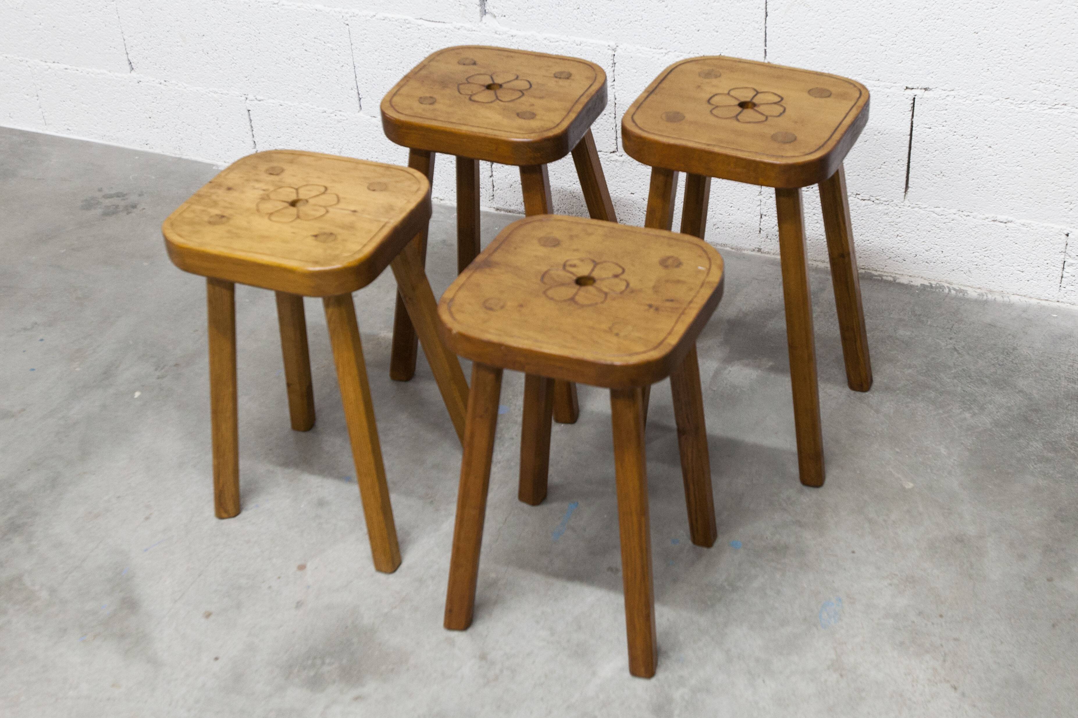 Set of 4 brutalist stools, handcrafted, 1960, flower.
