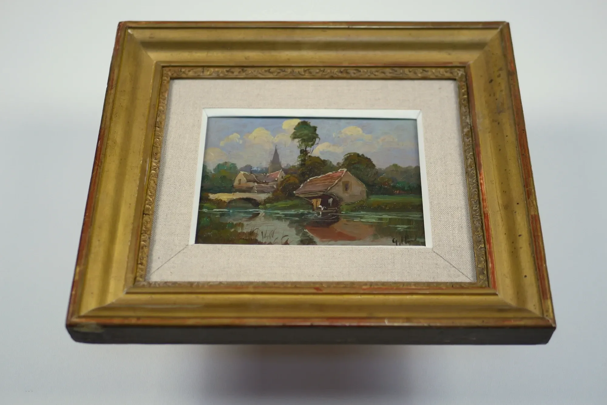 Washerwoman at the washhouse - Old oil painting signed Gilbert