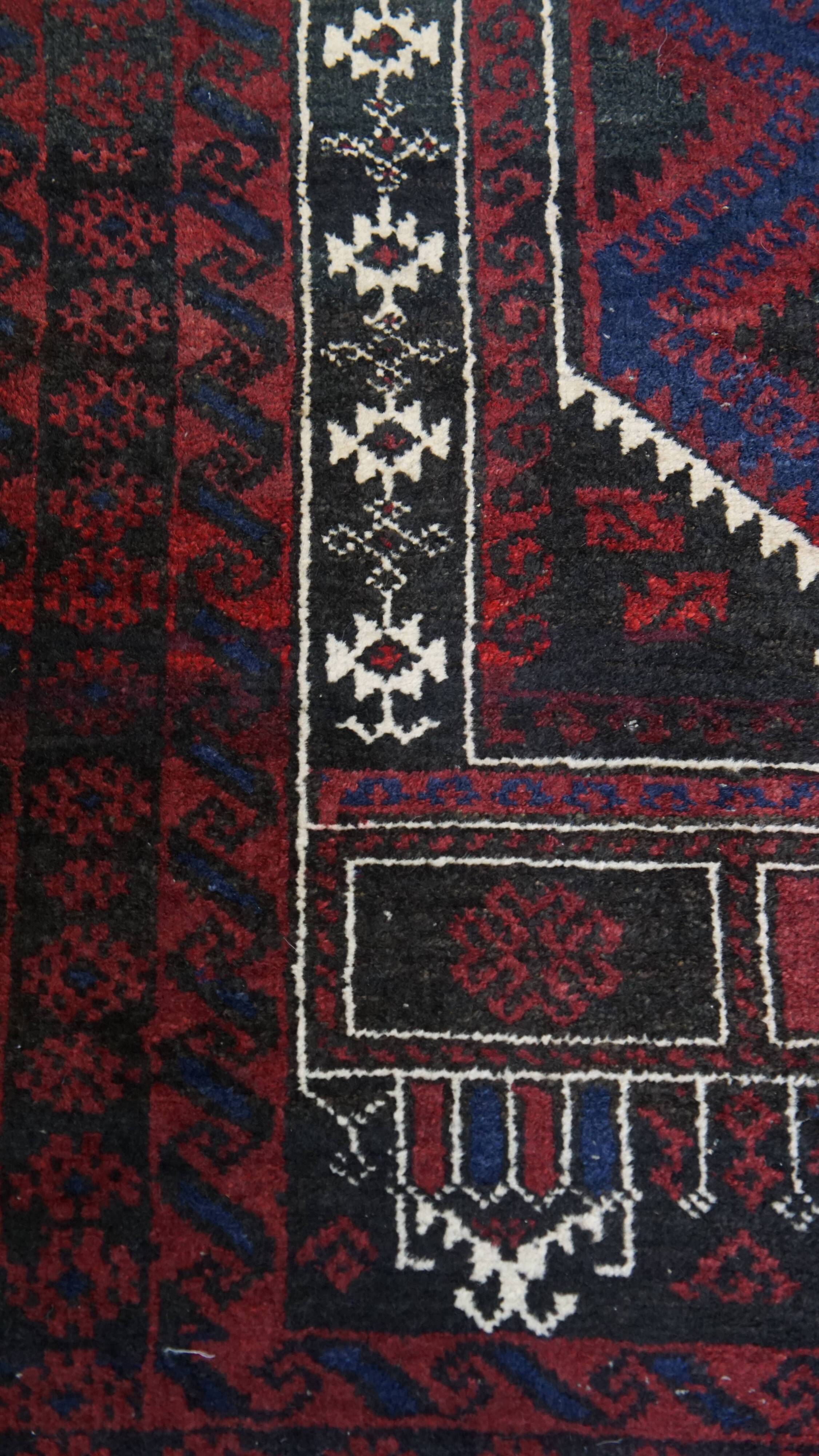 Hand-Knotted Rug with Burgundy Red, Dark Blue, and Beige Tones 143x88 cm