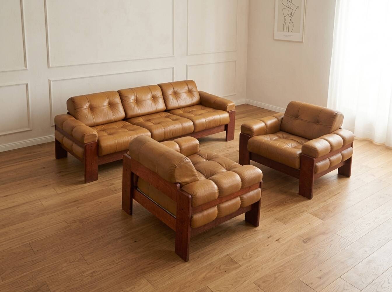 Czechoslovak Vintage Leather Living Room Set, Attributed to Dřevotvar, 1970