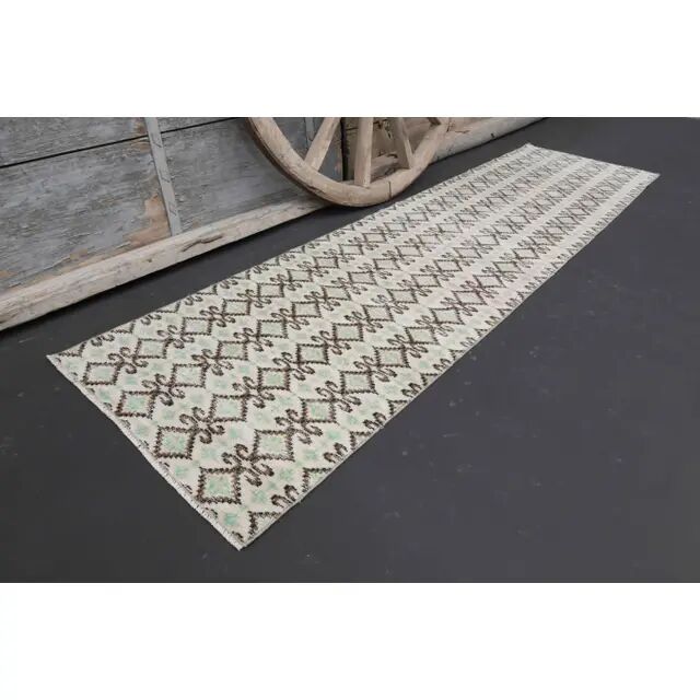 1970s Turkish Hand-Knotted Wool Cotton Beige Runner Rug 70x262