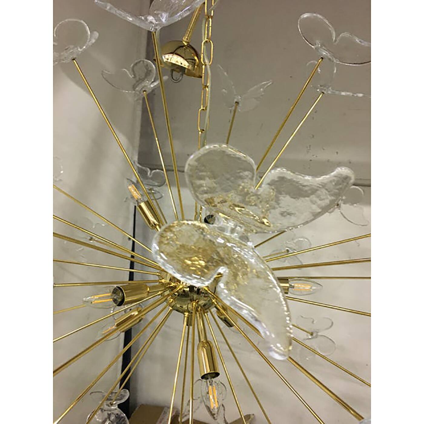 Murano Glass Sputnik Chandelier in Gold 24 Karat and Clear Butterfly