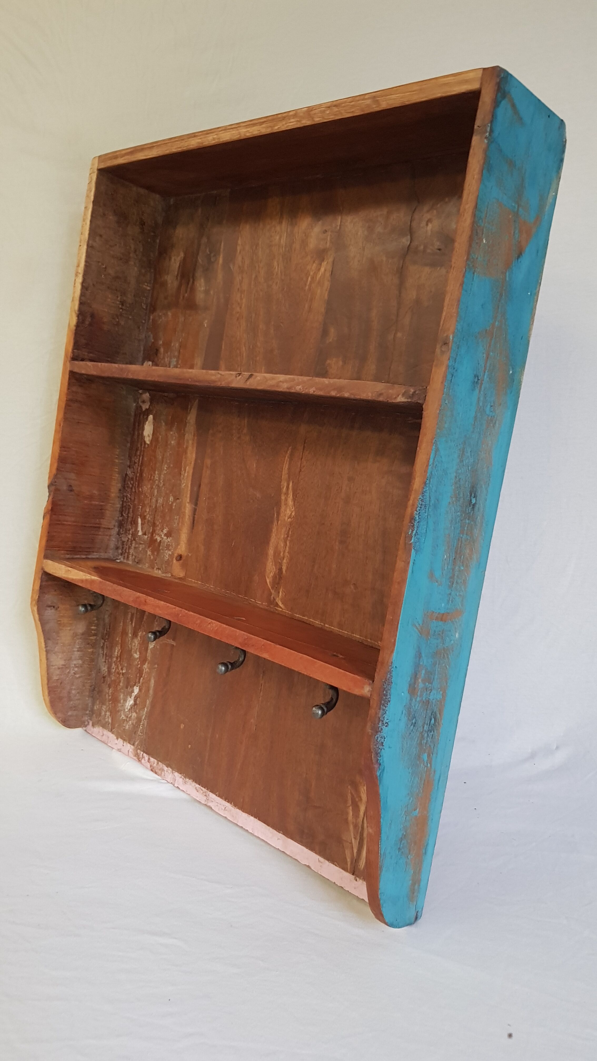 Wall shelf 3 shelves + 4 hooks cast iron polychrome wood