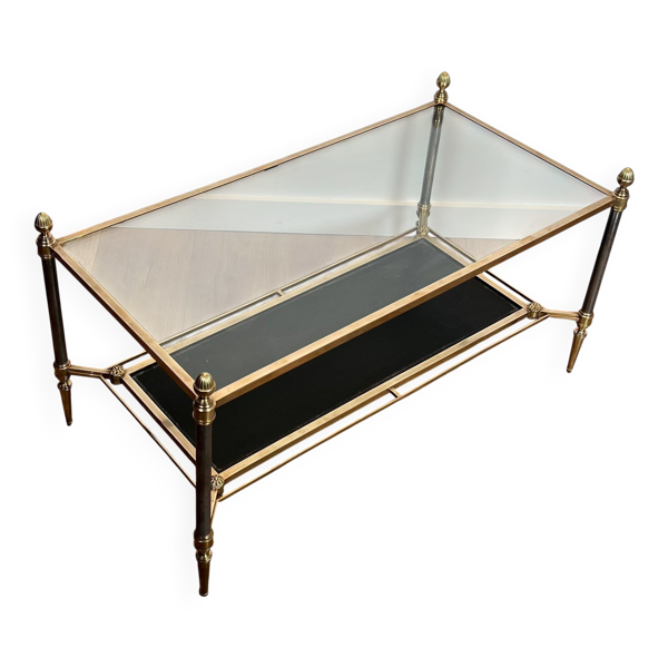 Table basse en laiton et plateau en cuir noir de la Maison Jansen