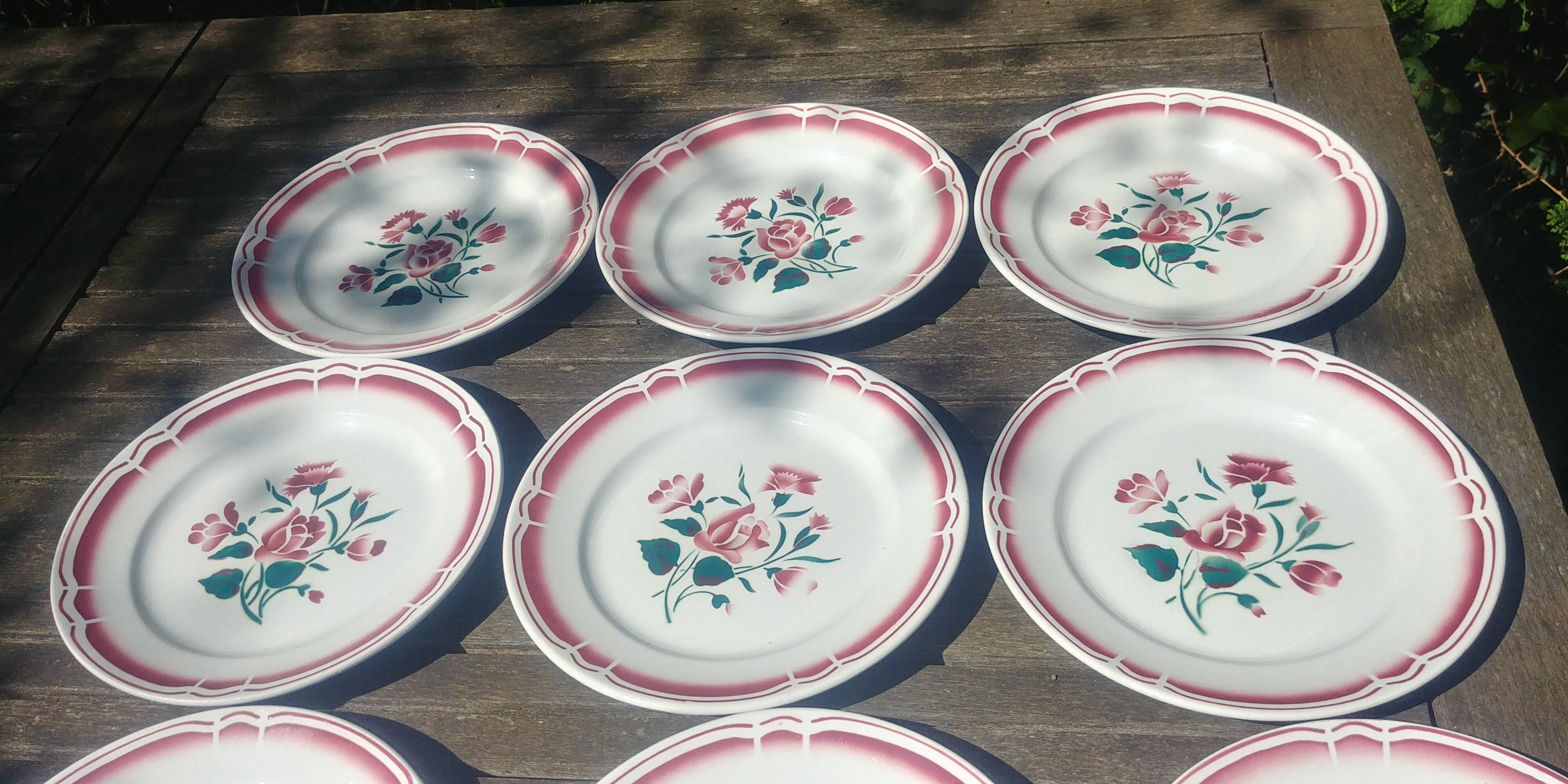 set of nine old flat plates from the 40s/50s with rose decoration
