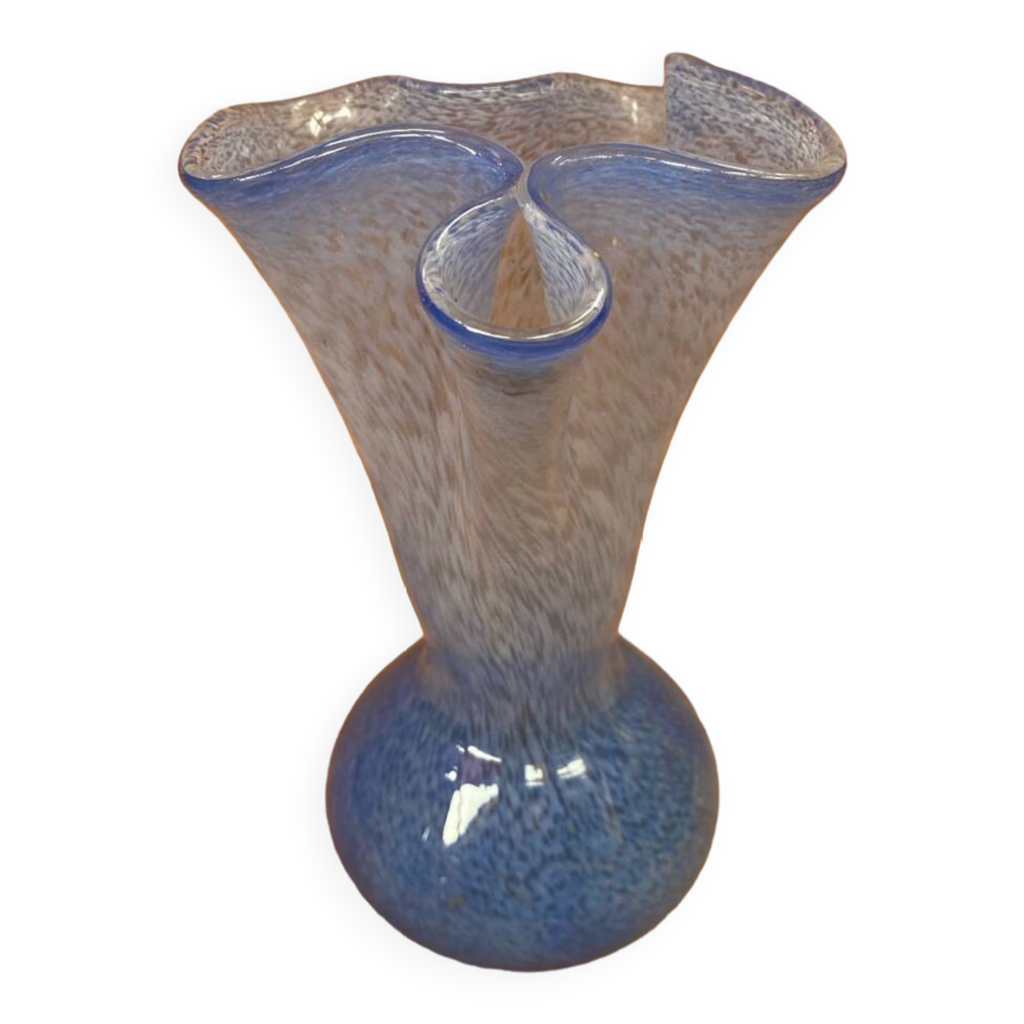 Ancien Vase En Verre Soufflé Opaline Bleu Fin Avec Motif Floral Émaillé - Déco Loft Vintage