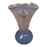 Ancien Vase Verre Soufflé Bleu Moucheté Blanc Col Corolle Vintage
