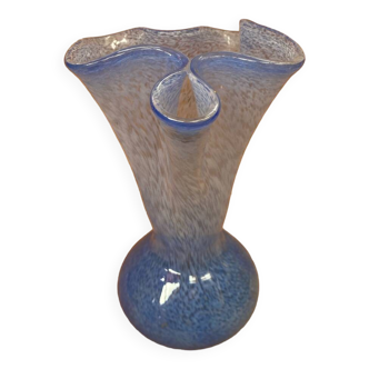Antique Blown Glass Vase Blue Speckled White Corolla Neck Vintage