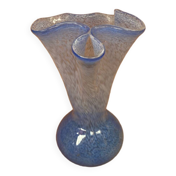 Antique Blown Glass Vase Blue Speckled White Corolla Neck Vintage
