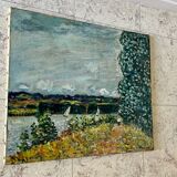 Oil on canvas landscape with 2 boats