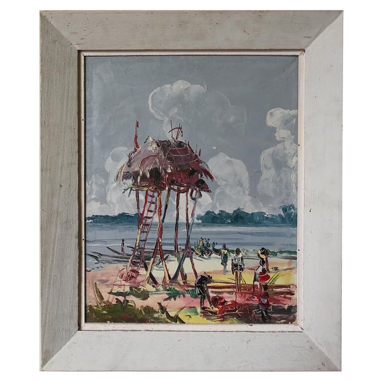 DOM, cabin on the shores of Lake Tanganyika, African painting, circa 1950