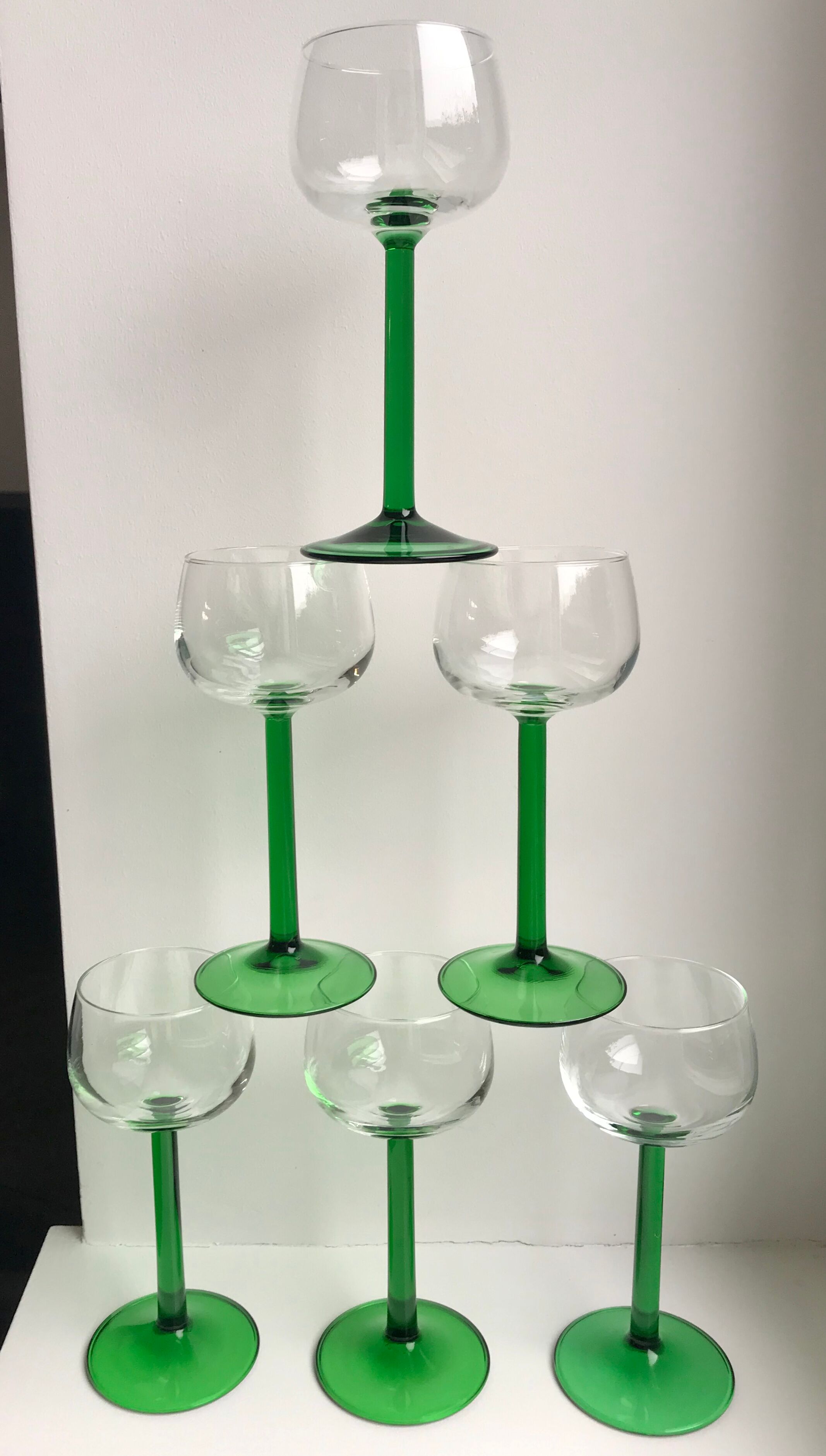 Set of 6 green white wine glasses made in France 60s-70s