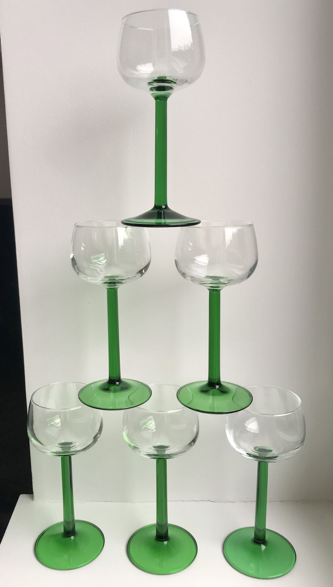 Set of 6 green white wine glasses made in France 60s-70s