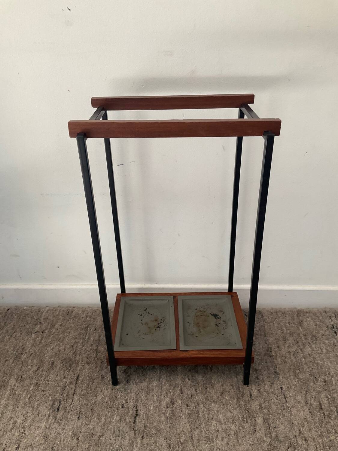 Vintage teak and metal umbrella stand