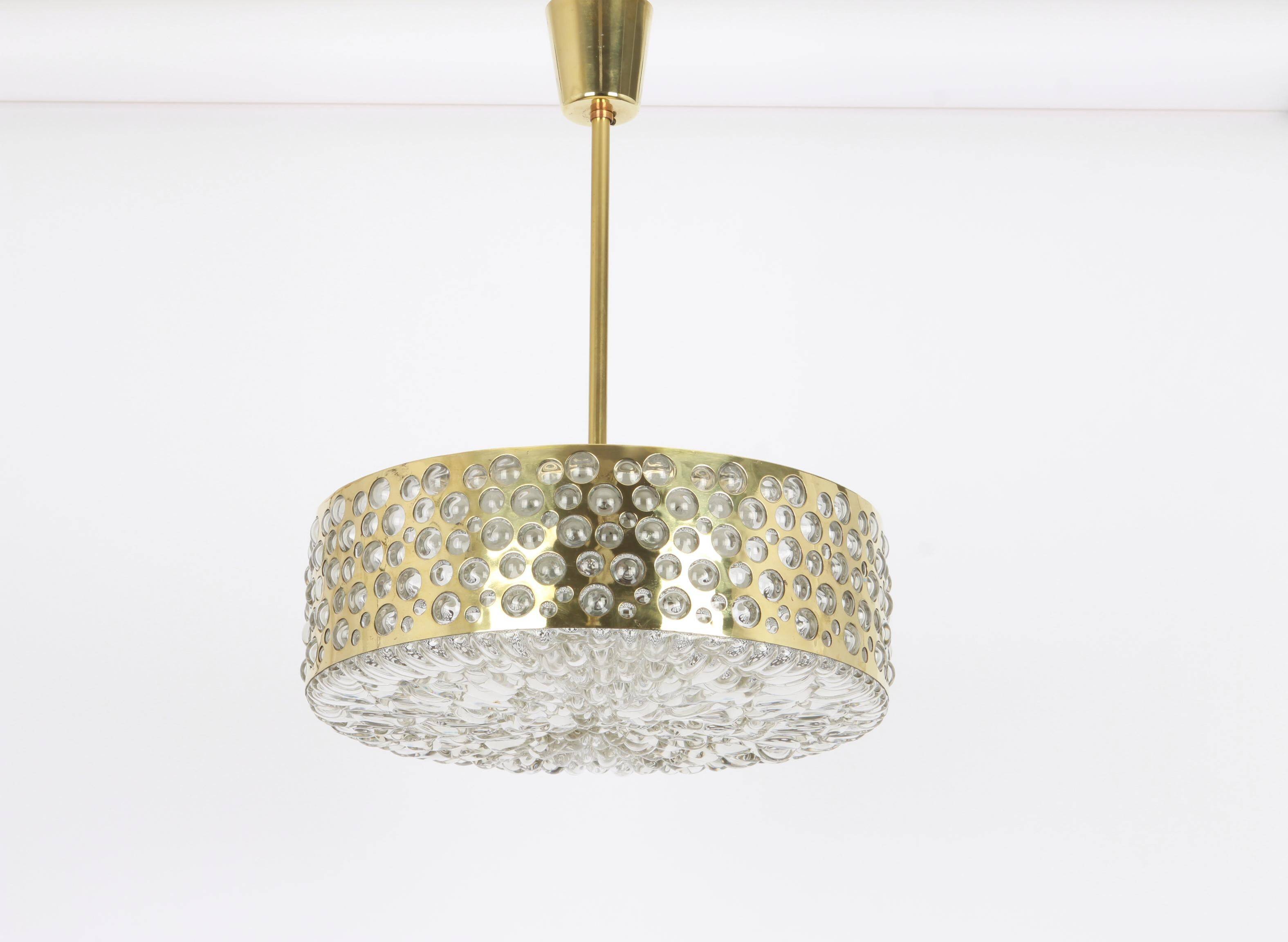 Large pendant light with aged brass glass by Rupert Nikoll, Austria, 1960s.