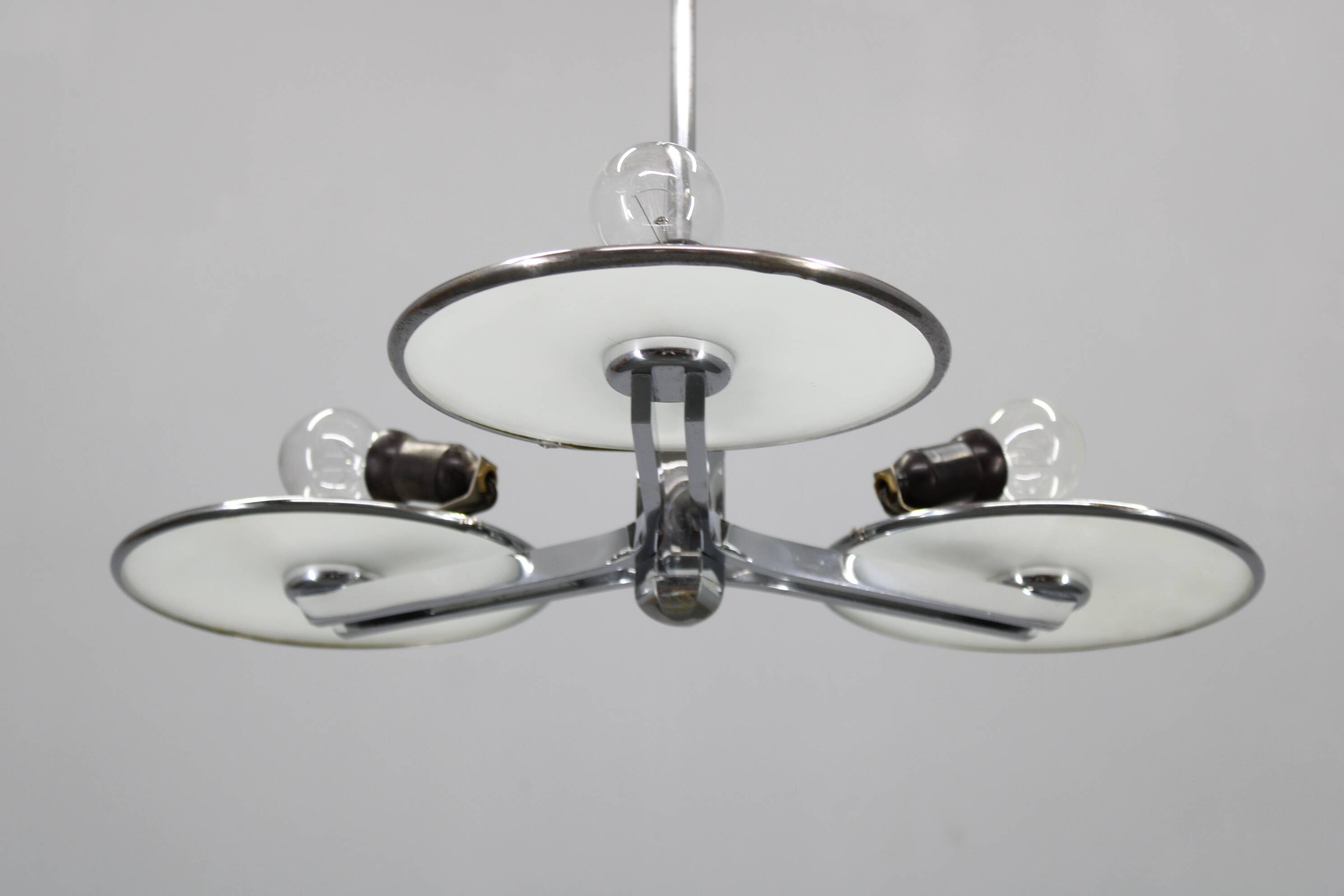 Restored Bauhaus or Art Deco chrome and glass chandelier, Czechoslovakia