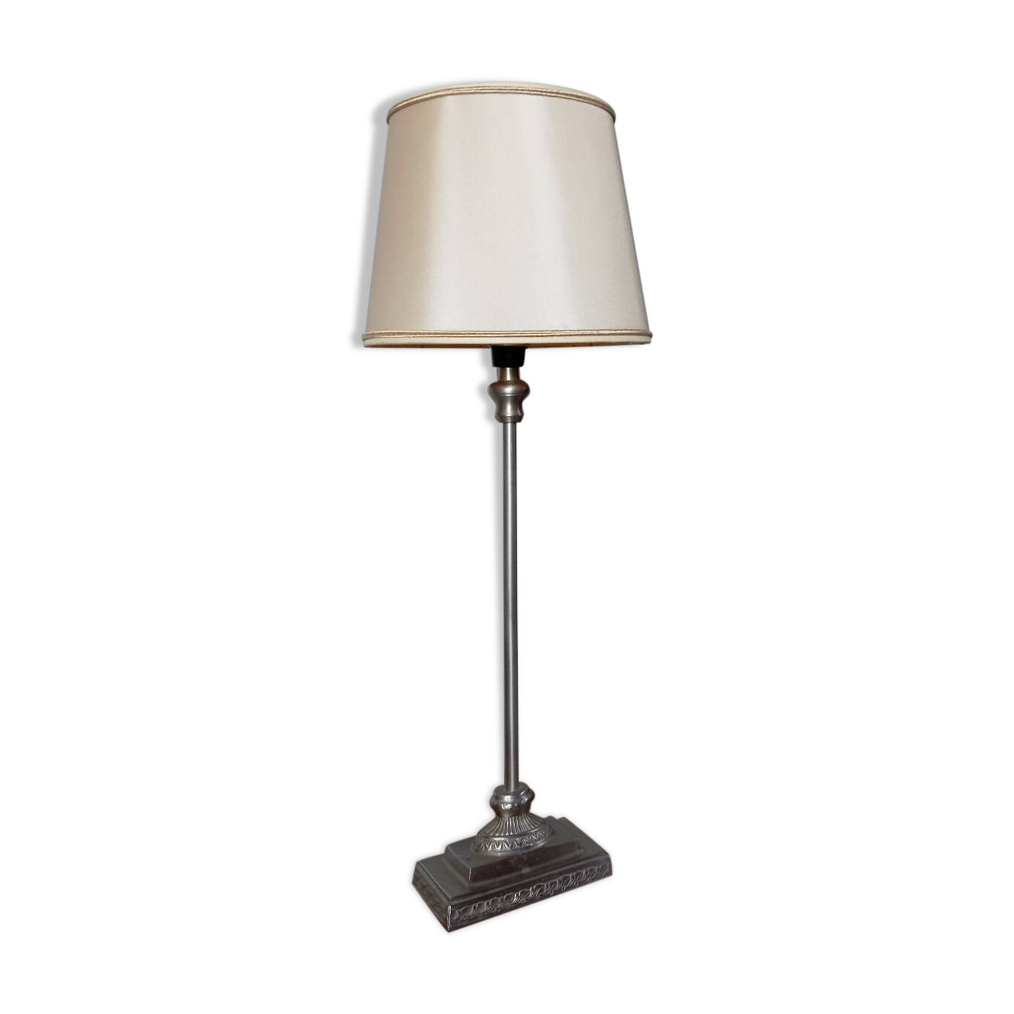 Silver metal living room lamp, cream shade, 1950s