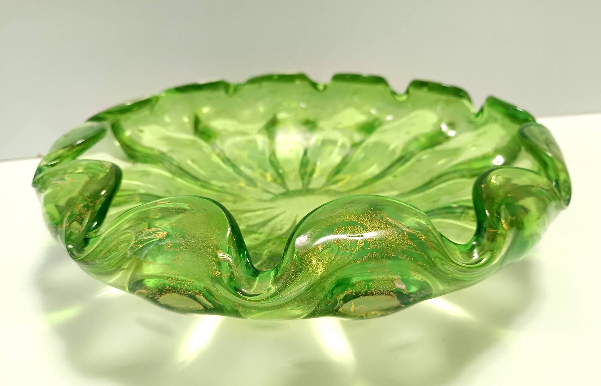 Large Green Bullicante Murano Glass Bowl or Centerpiece with Gold Leaf