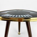 Pedestal table tripod glass wood and brass graphic patterns 50s