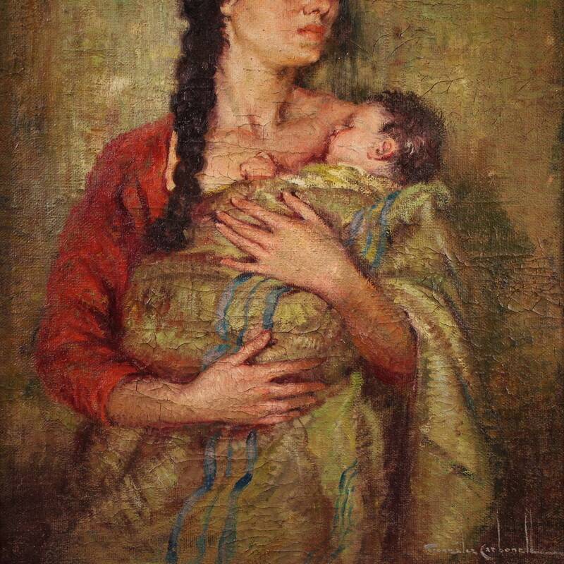 Peinture espagnole "Maternité" signée, 20e siècle
