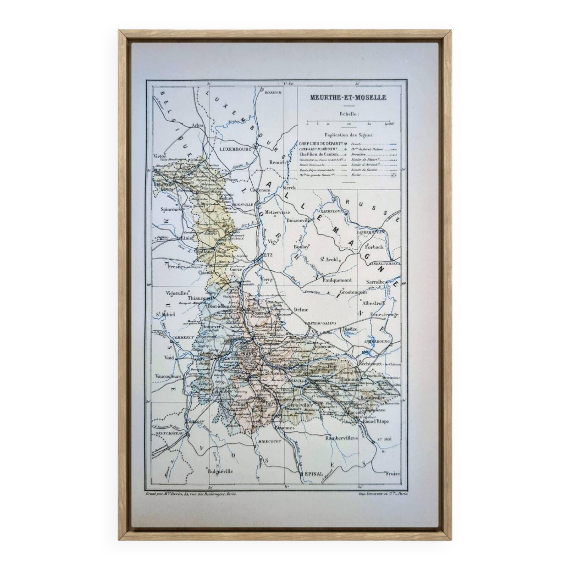 Printed in 1889, Meurthe-et-Moselle, old map.