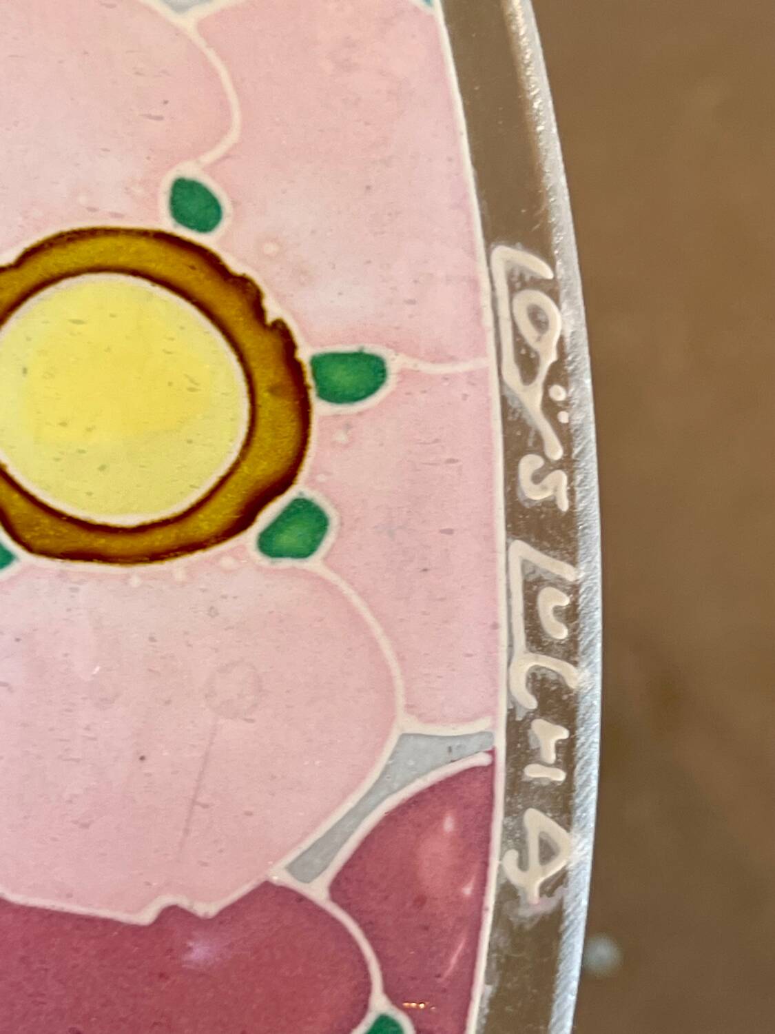 Art Deco enamelled glass basin pendant light by Loys Lucha