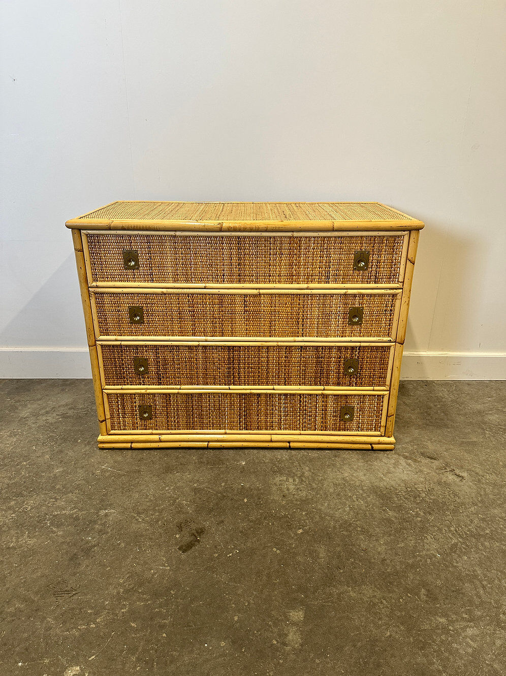 Midcentury bamboo, rattan and brass chest of drawers by Dal Vera, Italy, 1970s