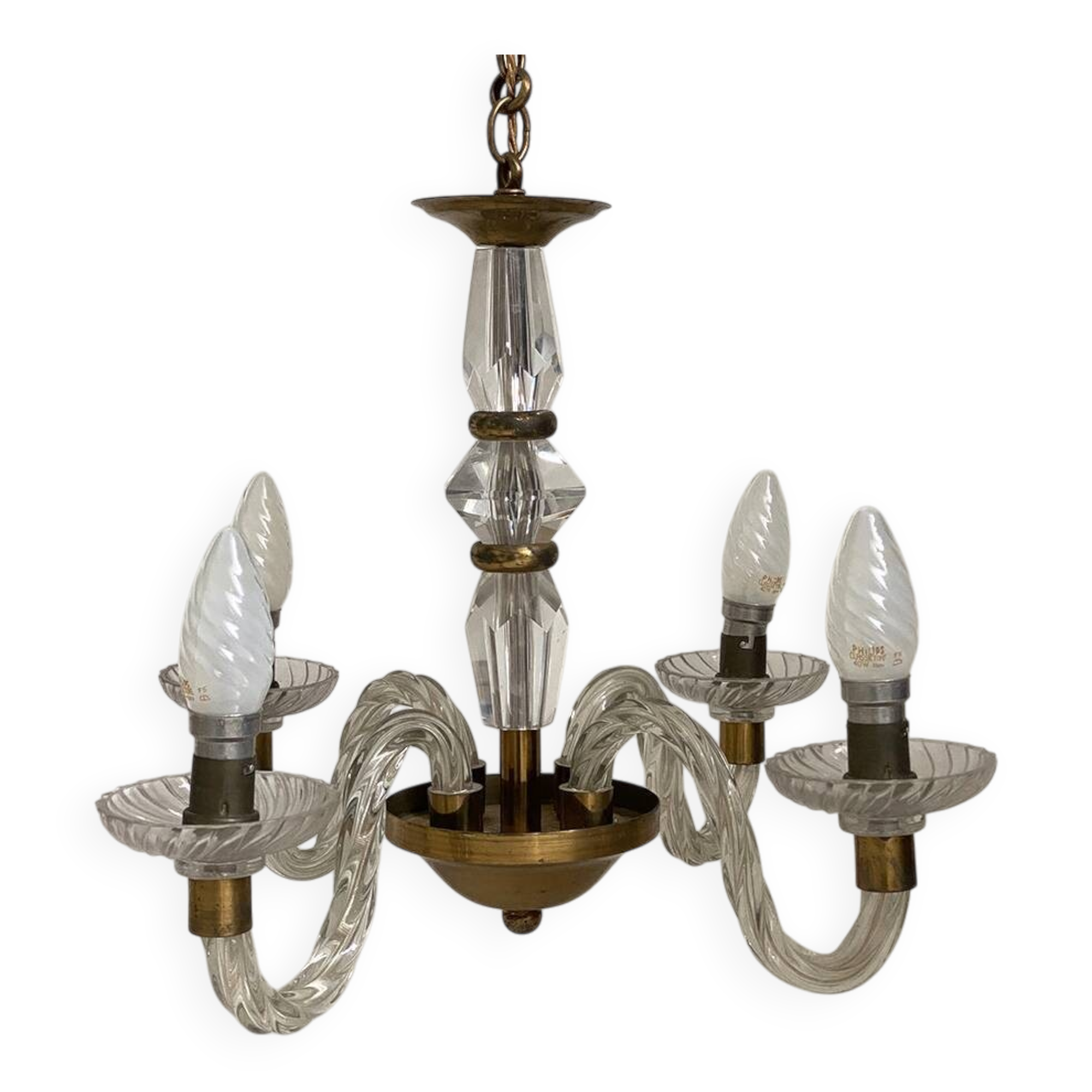 Vintage 1950s glass and brass suspension light