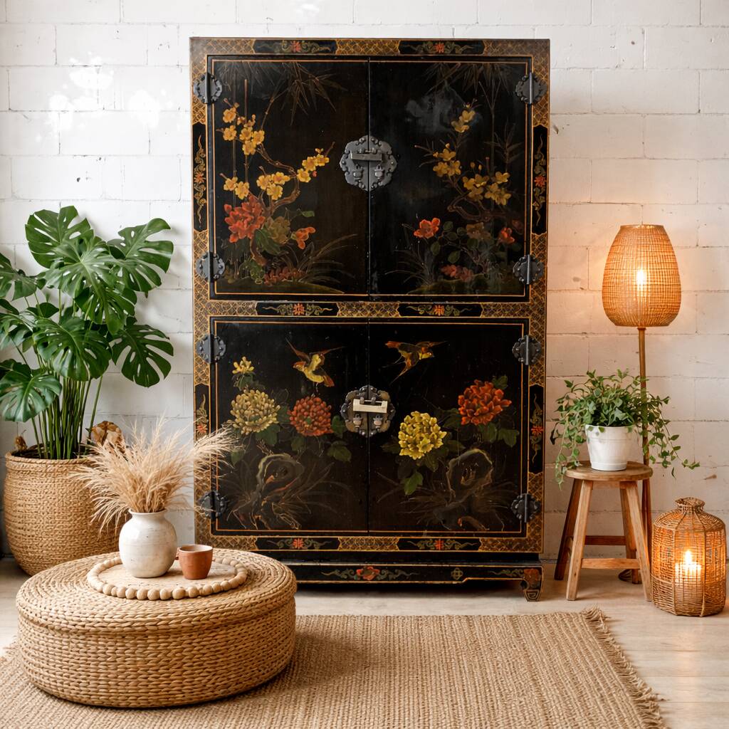 Cabinet vintage noir en laque chinoise avec fleurs et oiseaux / bohème