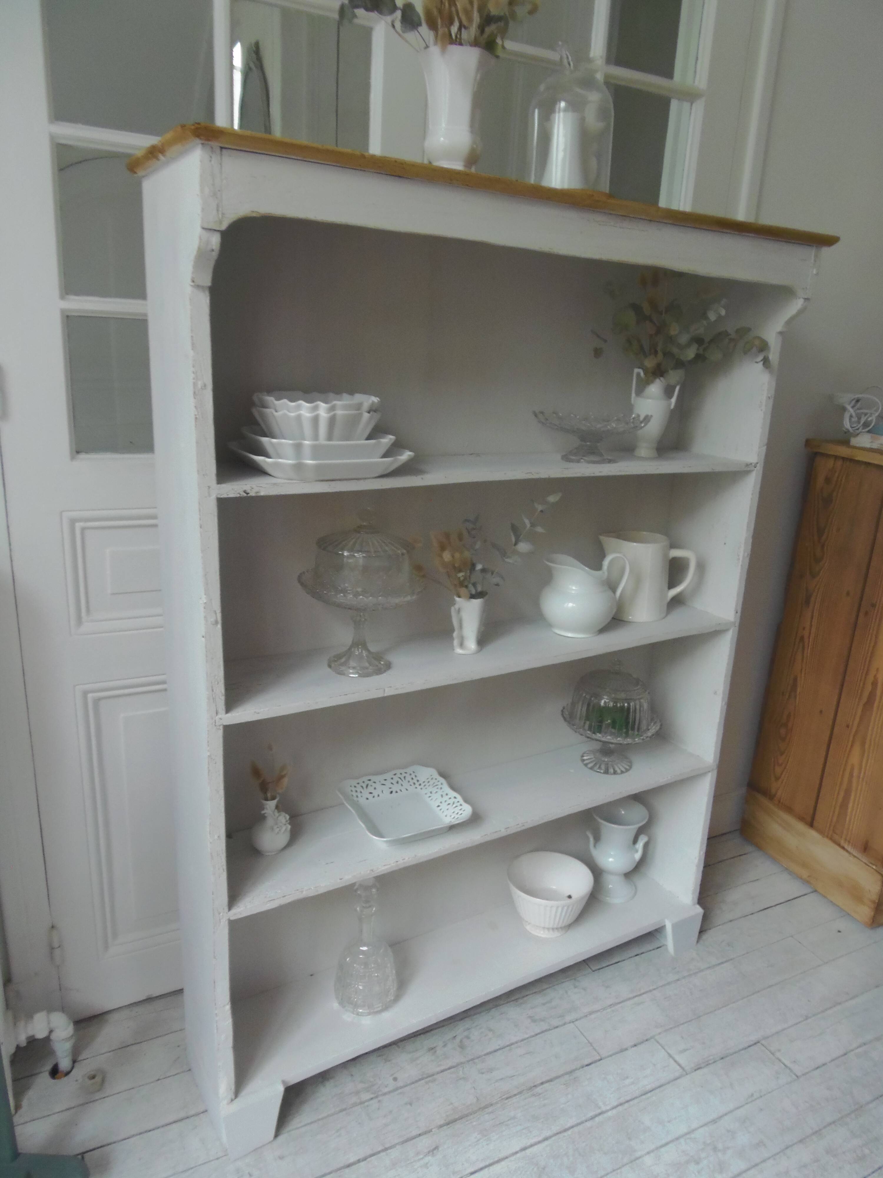 Bookcase in pearl grey waxed finish, light oak waxed top.