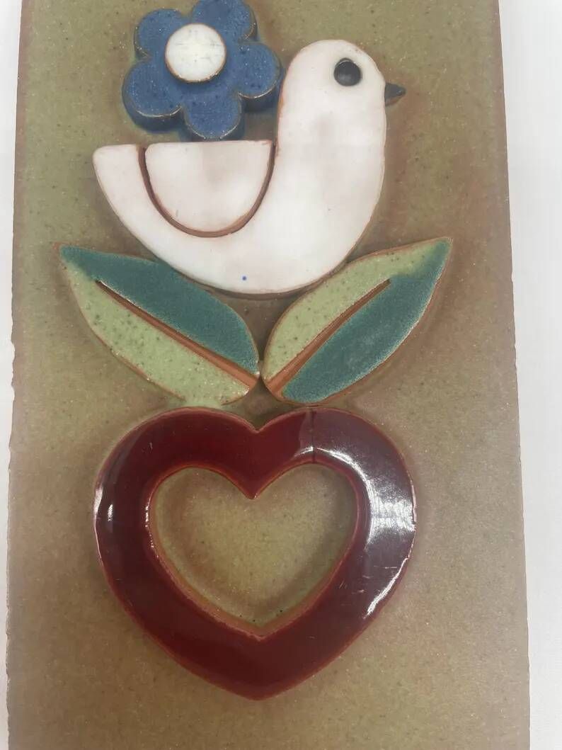 Vintage ceramic wall plaque, bird and heart, Made in Spain, Mithé Espelt style.