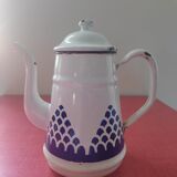White enamelled sheet metal coffee maker with embossed blue patterns
