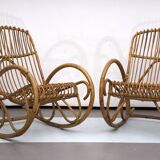 Franco Albini style, pair of rattan and bamboo rocking chairs. Italy 1950s