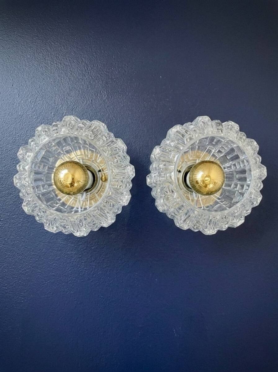 2 vintage brass and pressed glass wall lights Brutalist style 1960-70