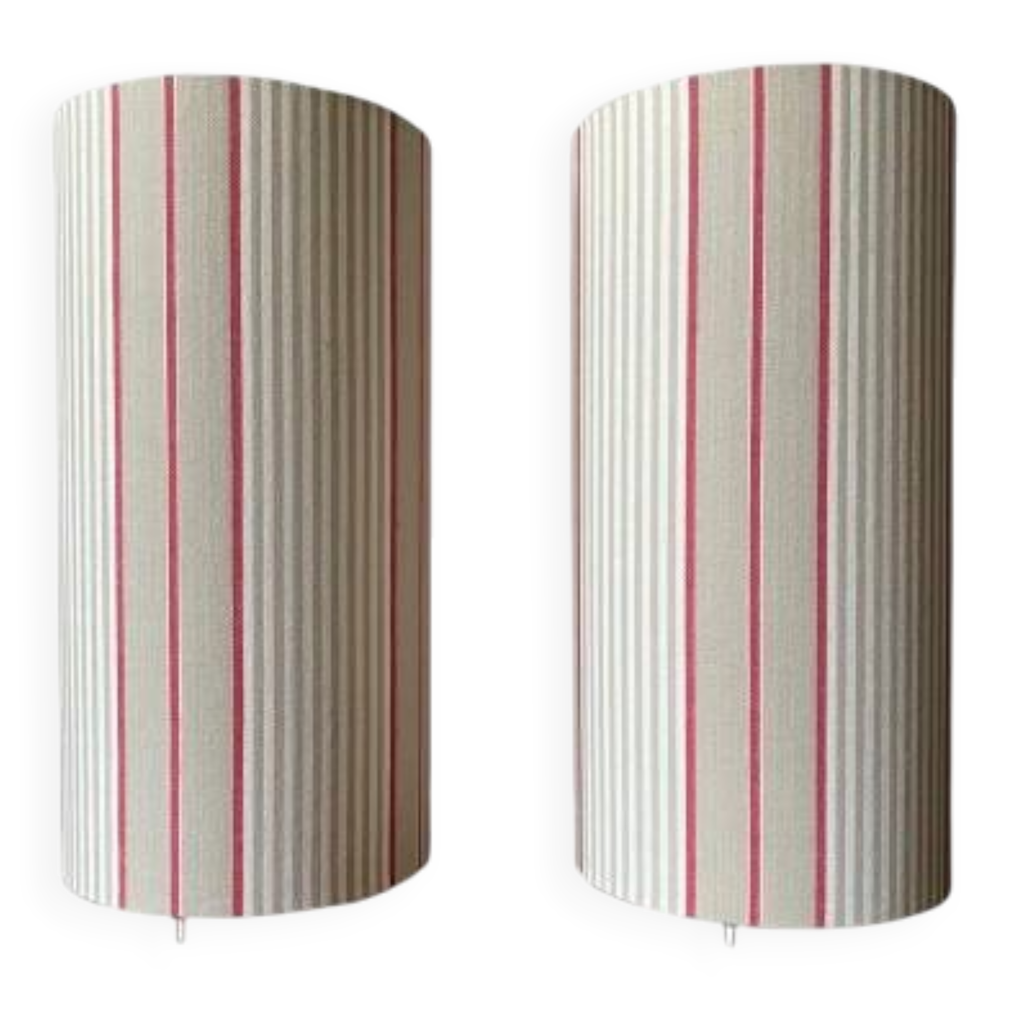 Pair of striped fabric bedside lamps.
