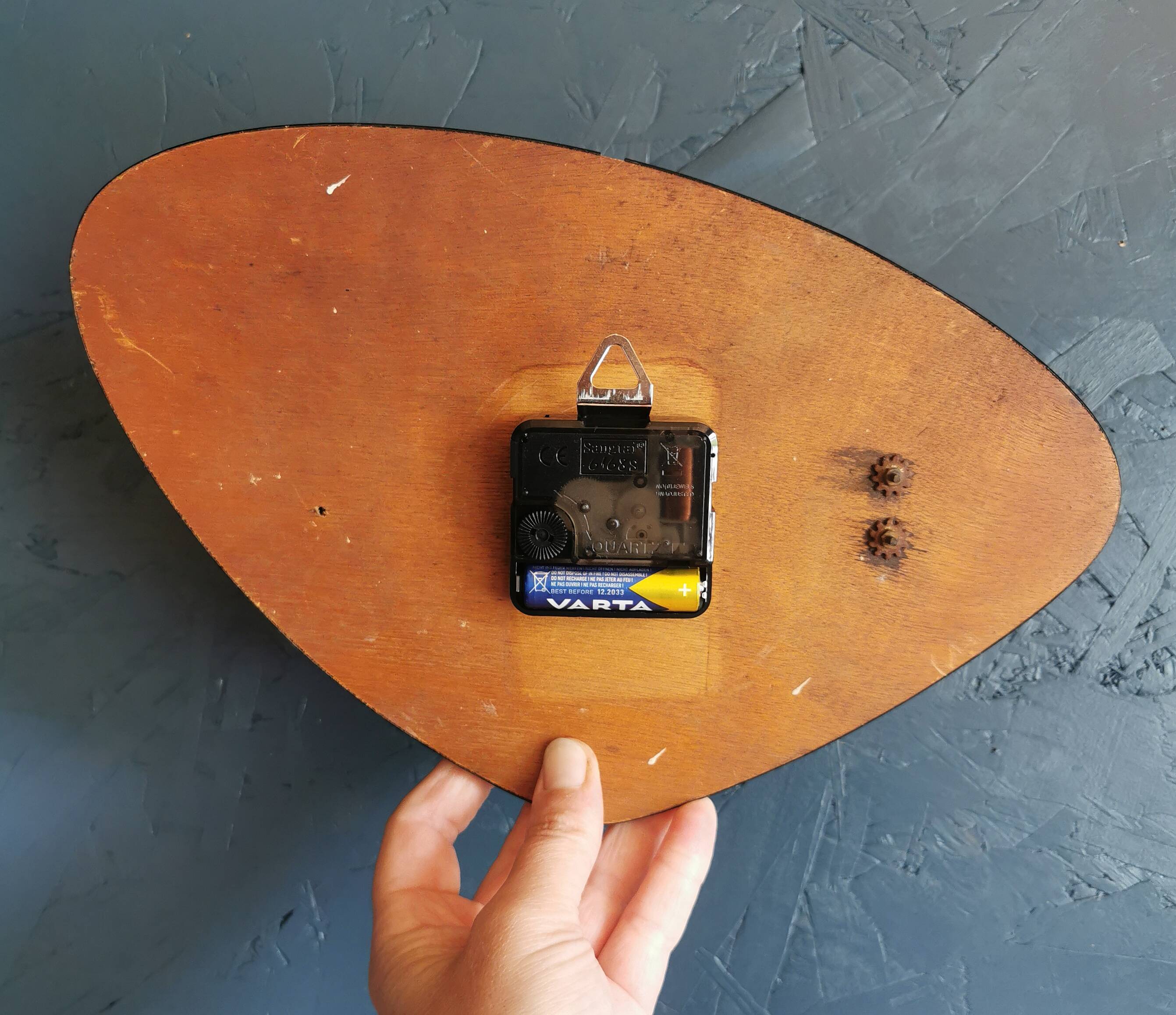 Vintage silent asymmetrical wall pendulum clock "Purple green pink flowers"