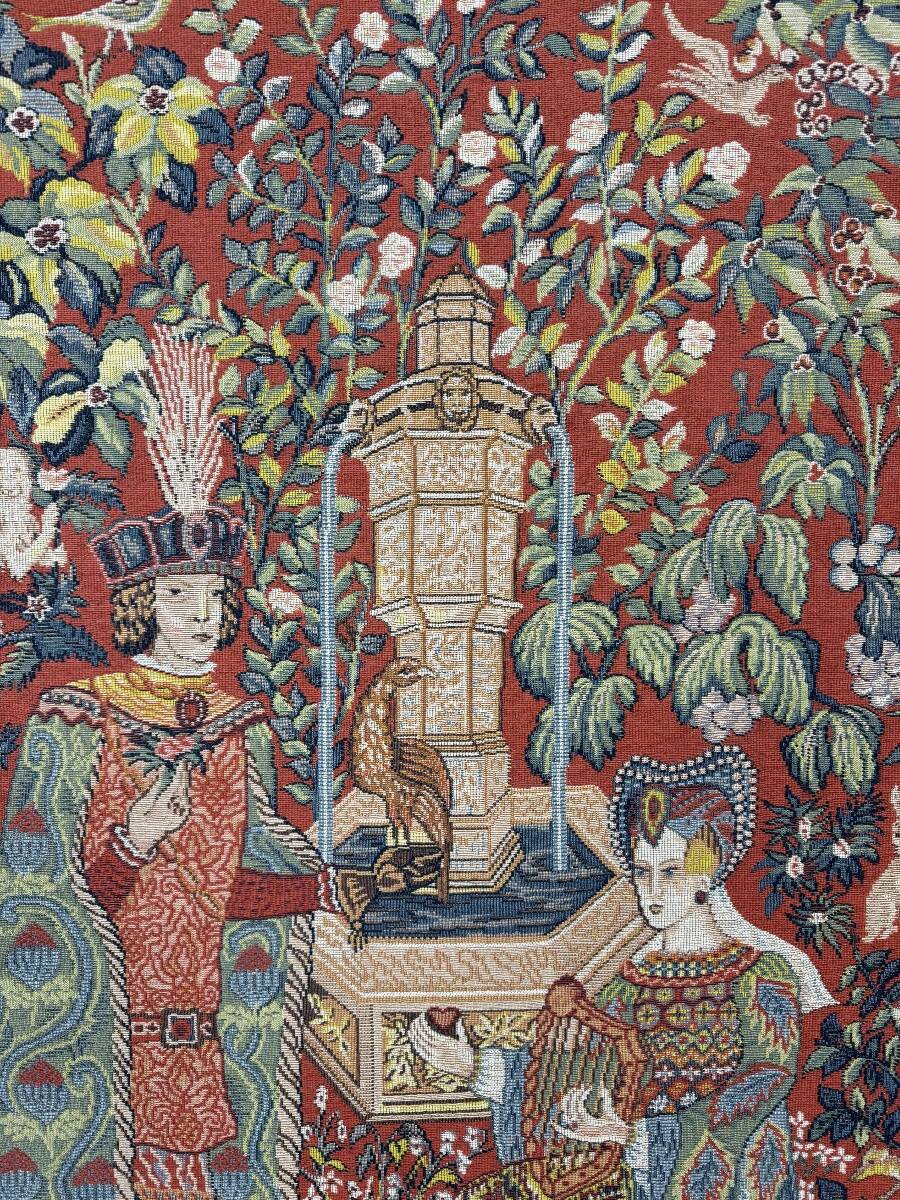 Medieval-style wall tapestry, courtly scene, 20th century