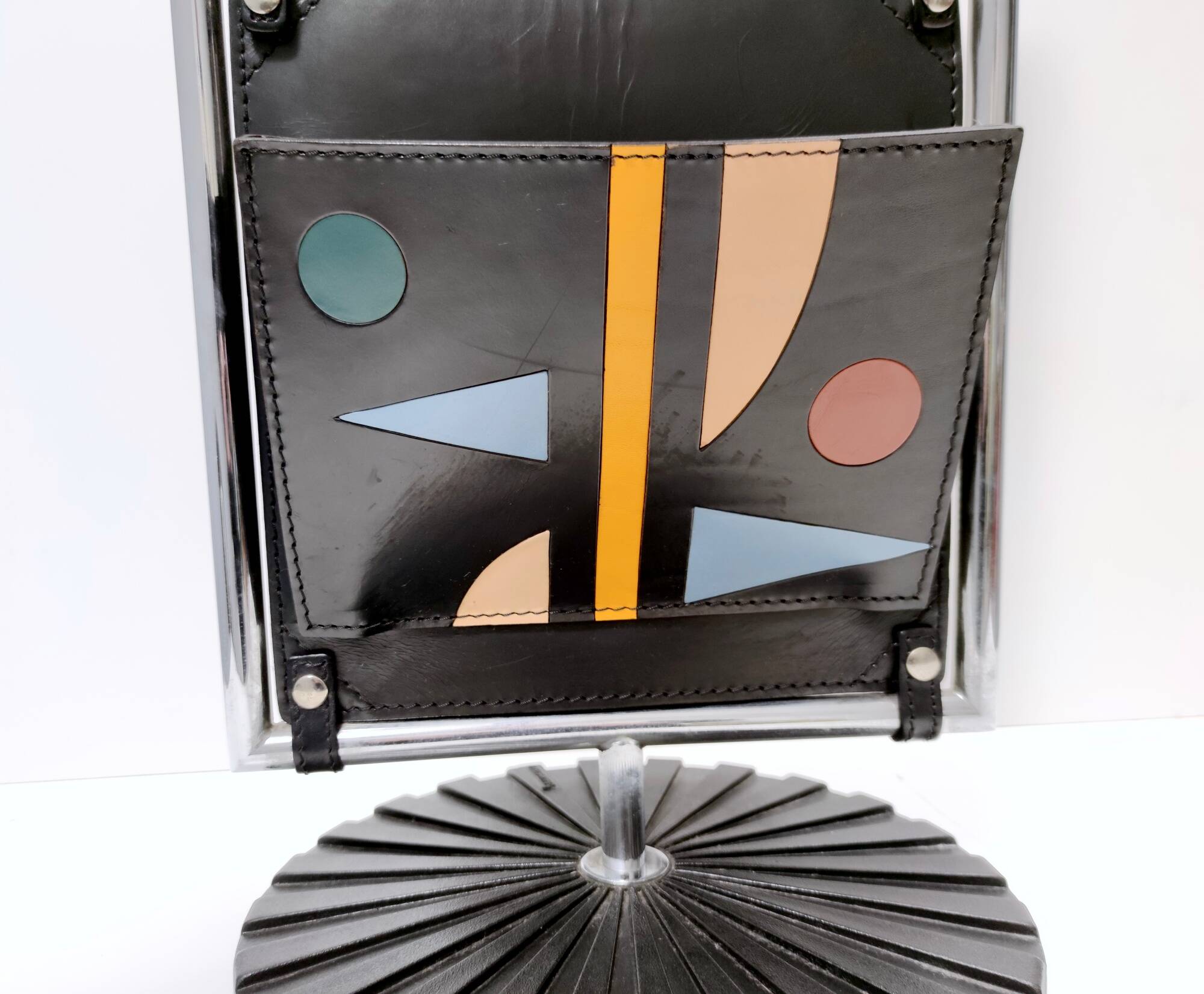 Black Leather and Chrome-Plated Metal Magazine Rack by Salmistraro, Italy