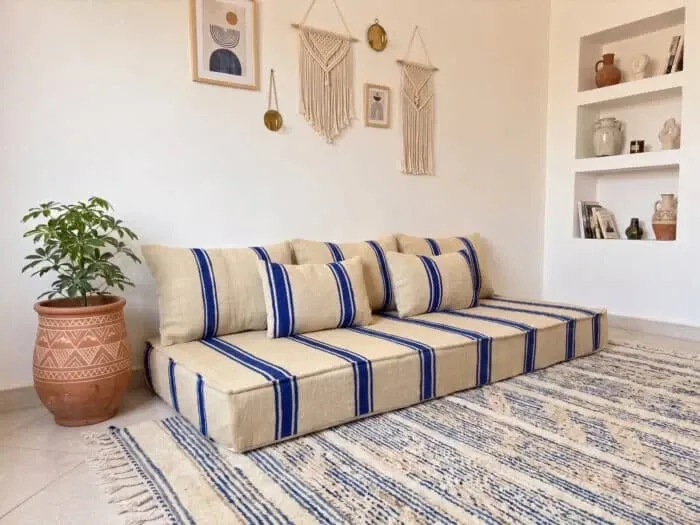 Royal blue striped floor cushion – Hanbel in handwoven ivory wool